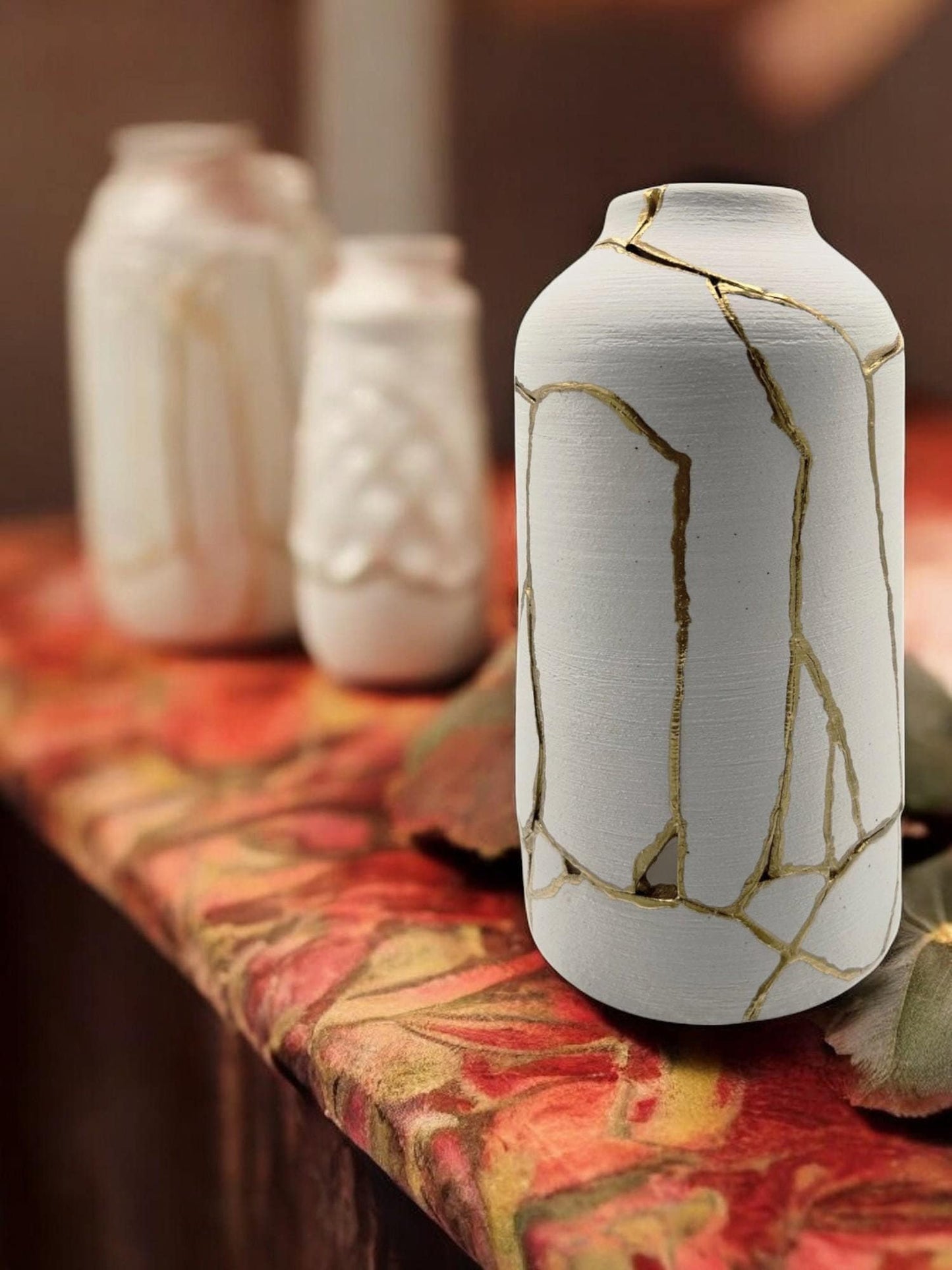 Kintsugi Giraffe Vase - Japanese Pottery Broken + Repaired - Matte White Cylinder - Brushed Texture - Hand Painted Gold Detail (H) 10.125in