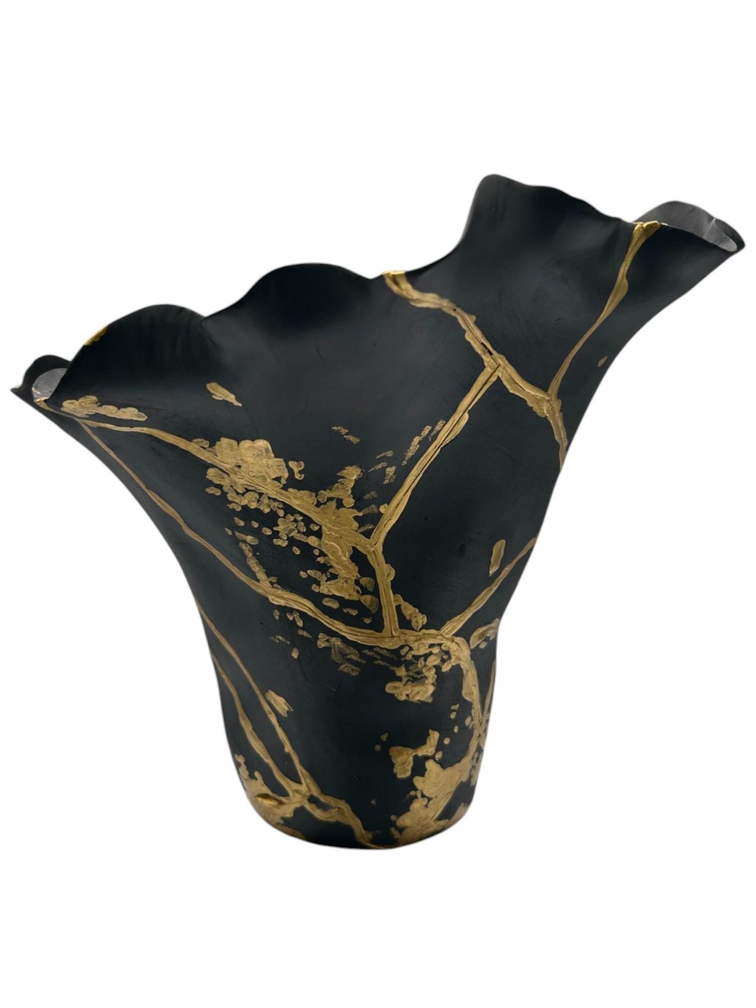 Kintsugi Floral Vase - Japanese Pottery Broken + Repaired - Abstract/Distressed/Splatter Paint - Hand Painted Gold - Table/Floor (H) 10.5in