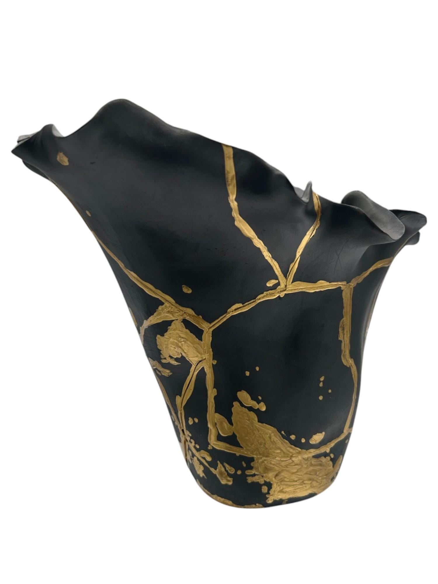 Kintsugi Floral Vase - Japanese Pottery Broken + Repaired - Abstract/Distressed/Splatter Paint - Hand Painted Gold - Table/Floor (H) 10.5in