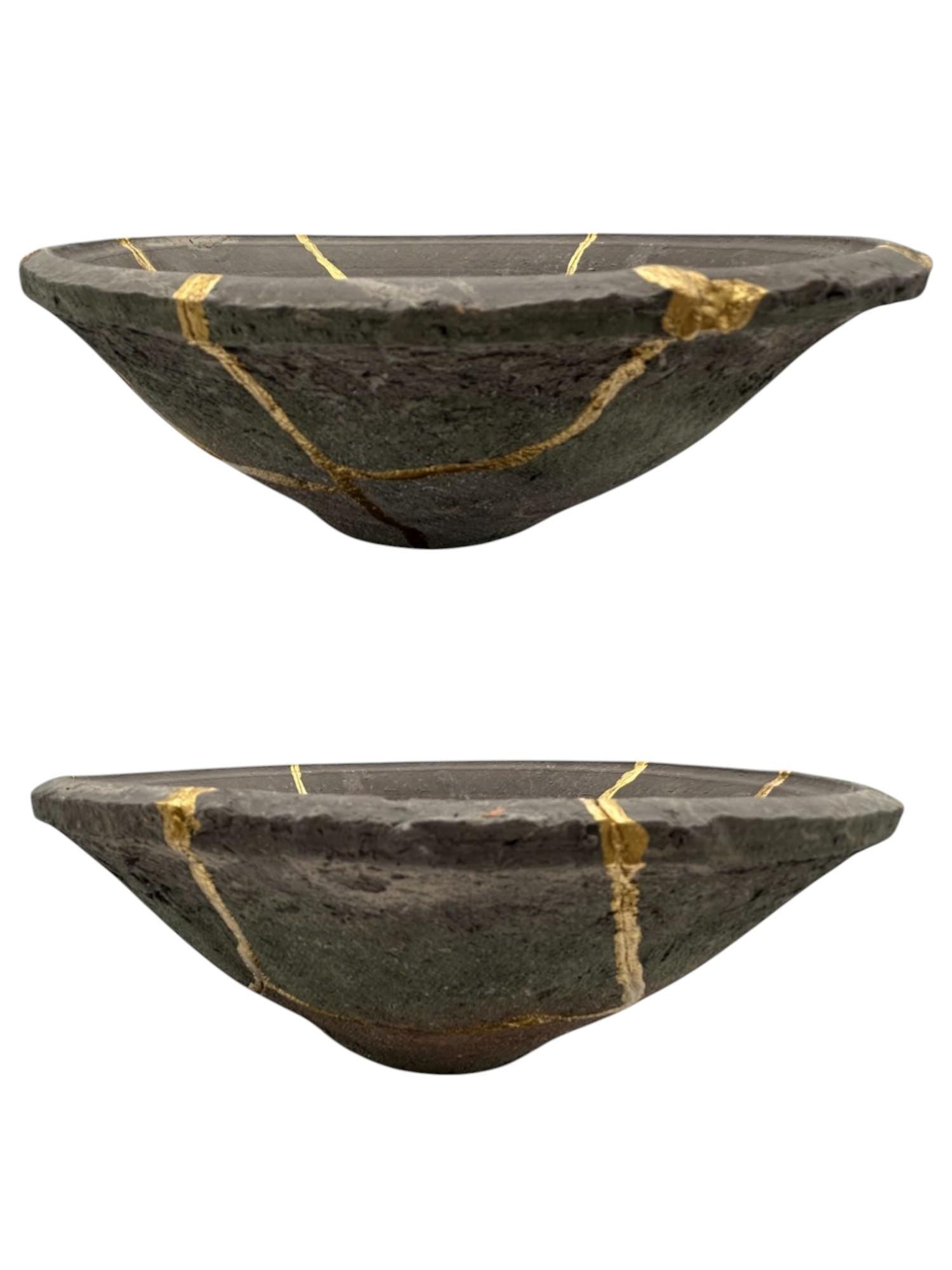 Kintsugi Terracotta Bowl - Wabi Sabi - Japanese Pottery Broken + Repaired - Hand Painted Gold - Dark Gray - Key/Ring/Jewelry - (D) 7.875in