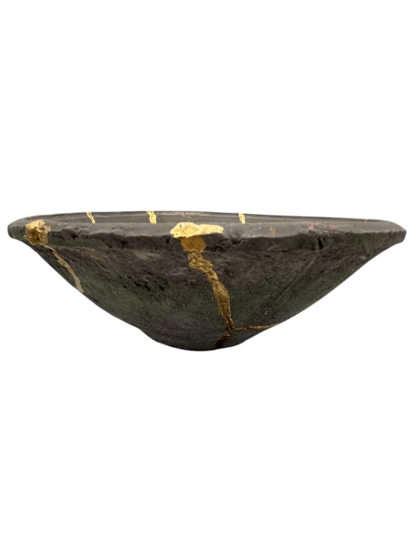 Kintsugi Terracotta Bowl - Wabi Sabi - Japanese Pottery Broken + Repaired - Hand Painted Gold - Dark Gray - Key/Ring/Jewelry - (D) 7.875in