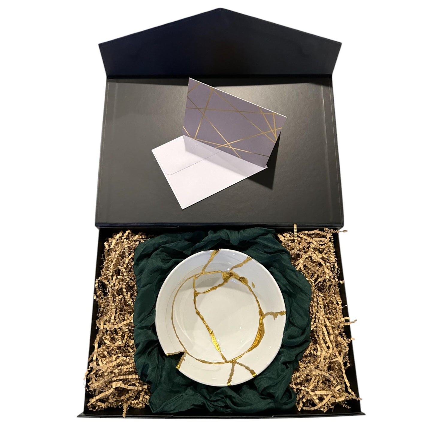 Kintsugi Rice Bowl - Gift Presentation Box - Japanese Pottery Broken + Repaired - Hand Painted Gold - White Glazed Porcelain - (D) 7in