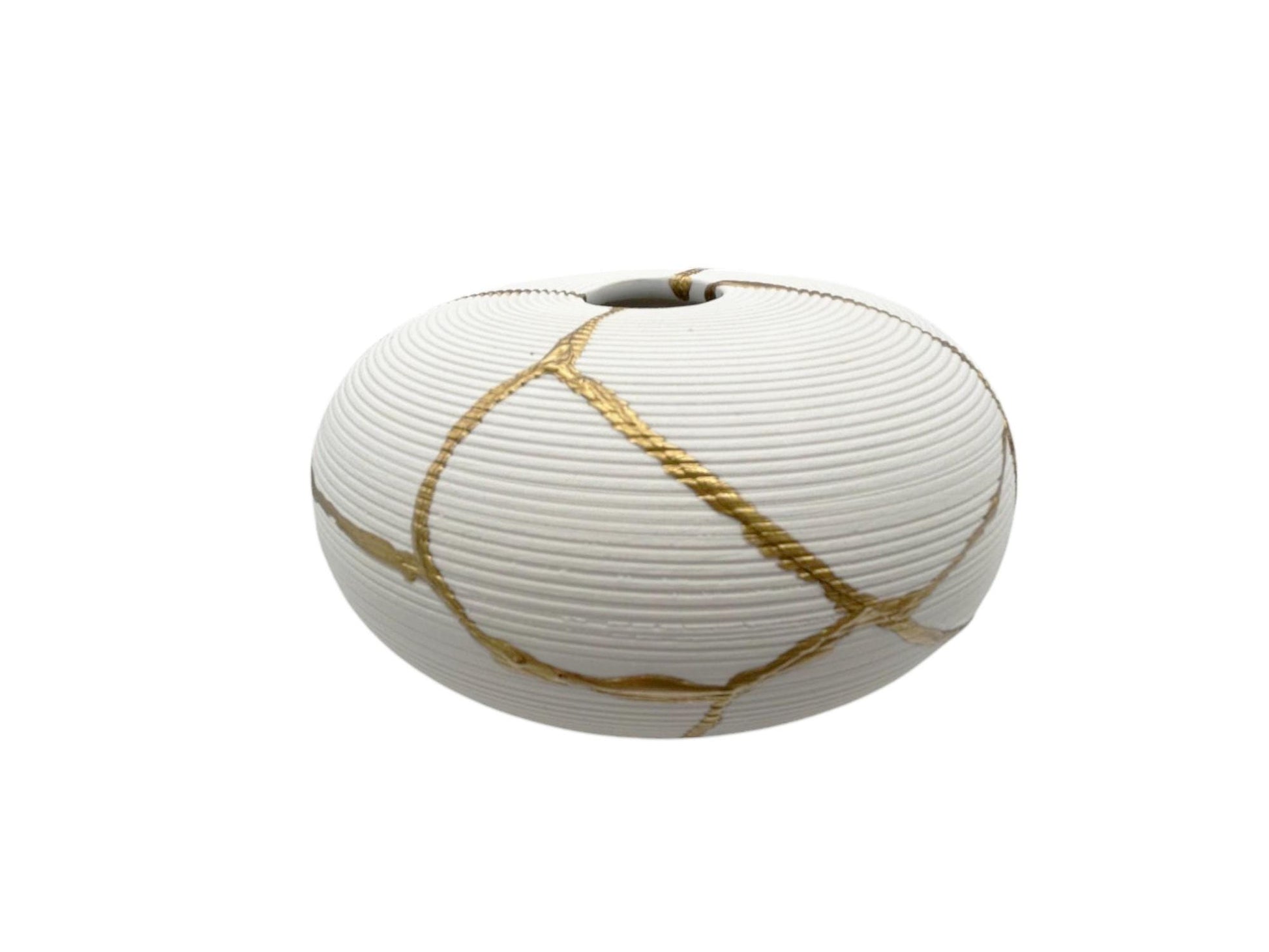 Kintsugi Ikebana Vase - Japanese Pottery Broken + Repaired - Matte White Round - Ribbed Texture - Hand Painted Gold Detail - Small (W) 6in