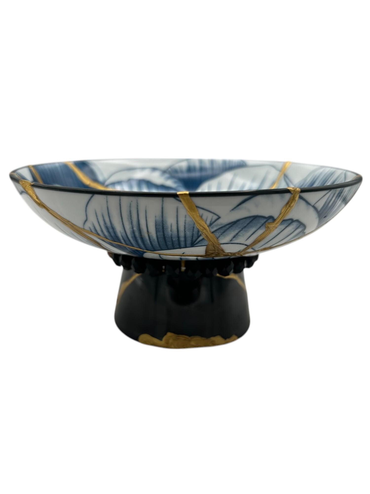 Kintsugi Pedestal Bowl w/Charm Accent - Japanese Pottery Broken + Repaired - Hand Painted Gold Along Breaks - Blue Lotus - (D) 6.375in