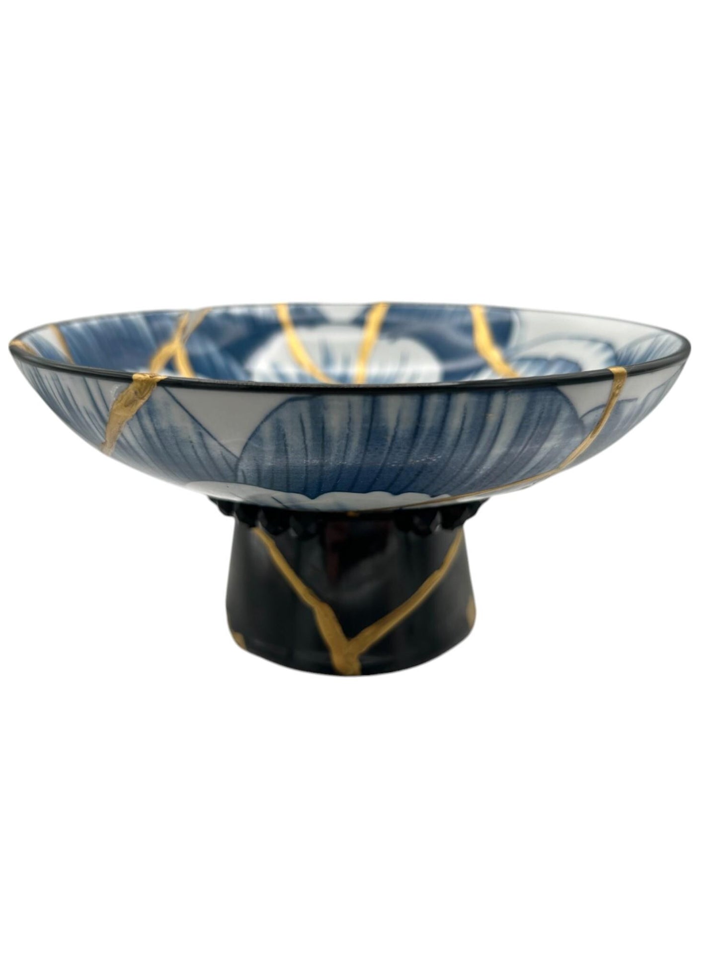 Kintsugi Pedestal Bowl w/Charm Accent - Japanese Pottery Broken + Repaired - Hand Painted Gold Along Breaks - Blue Lotus - (D) 6.375in