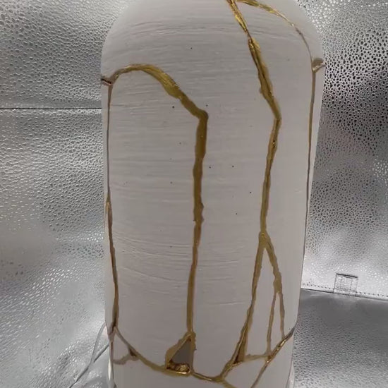 Kintsugi Giraffe Vase - Japanese Pottery Broken + Repaired - Matte White Cylinder - Brushed Texture - Hand Painted Gold Detail (H) 10.125in