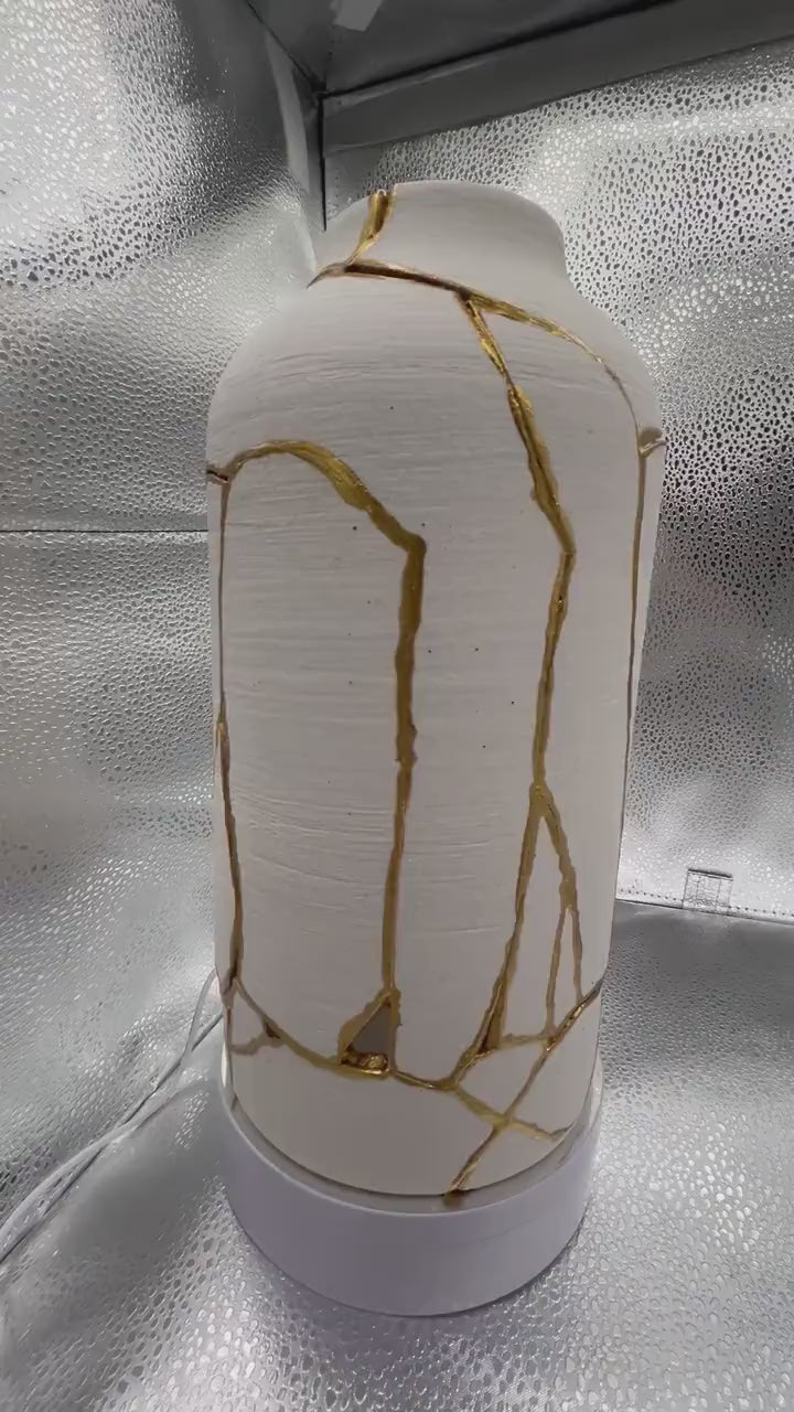 Kintsugi Giraffe Vase - Japanese Pottery Broken + Repaired - Matte White Cylinder - Brushed Texture - Hand Painted Gold Detail (H) 10.125in