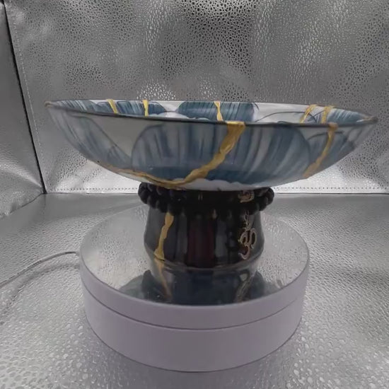 Kintsugi Pedestal Bowl w/Charm - Gift Presentation Box - Japanese Pottery Broken + Repaired - Hand Painted Gold - Blue Lotus - (D) 6.375in