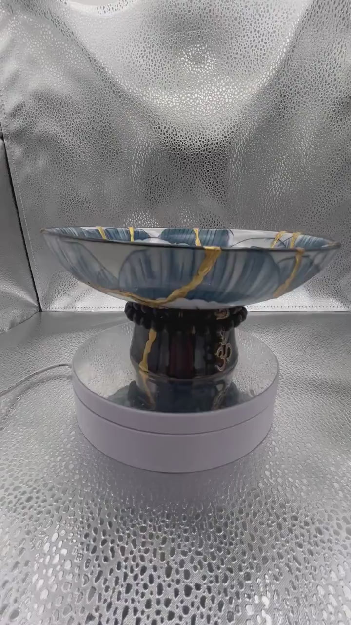 Kintsugi Pedestal Bowl w/Charm - Gift Presentation Box - Japanese Pottery Broken + Repaired - Hand Painted Gold - Blue Lotus - (D) 6.375in