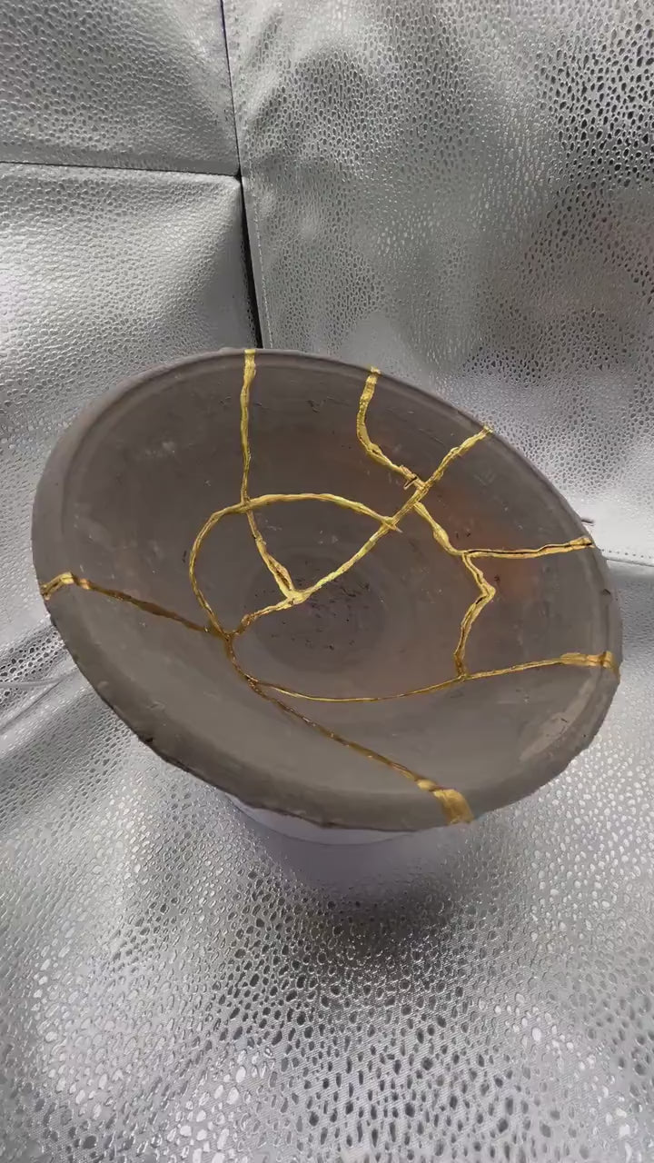 Kintsugi Terracotta Bowl - Wabi Sabi - Japanese Pottery Broken + Repaired - Hand Painted Gold - Dark Gray - Key/Ring/Jewelry - (D) 7.875in