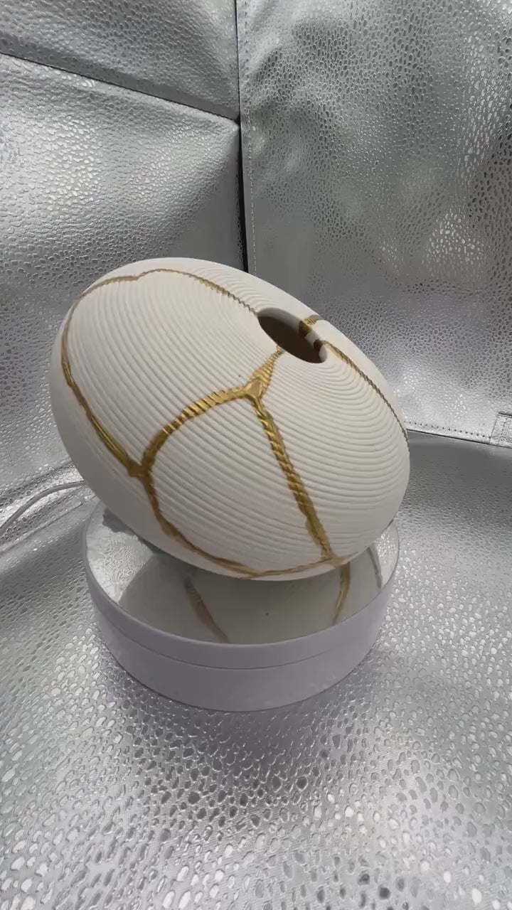 Kintsugi Ikebana Vase - Japanese Pottery Broken + Repaired - Matte White Round - Ribbed Texture - Hand Painted Gold Detail - Small (W) 6in